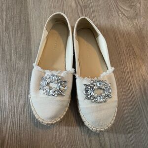 Marc Fisher Cream Canvas Espadrille Loafers with Silver Crystal Buckles